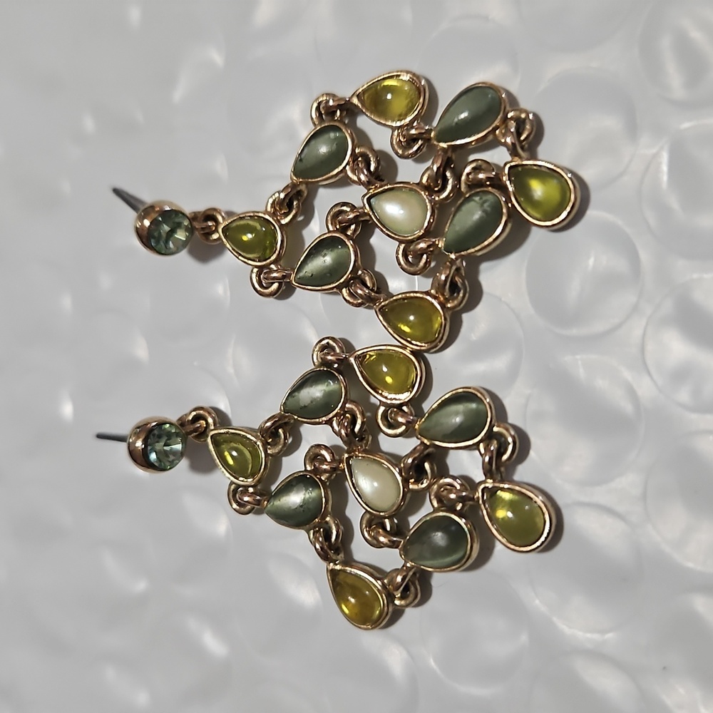 VTG BLUE GREEN CABOCHONS ARTICULATED GOLD LINK DANGLE EARRINGS PIERCED 2”